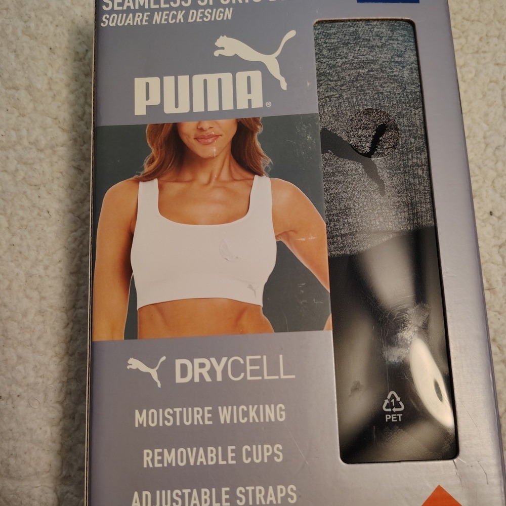 Puma Sports Bra 2 Pack Womens Medium Gray White New Square Neck Seamless DryCell